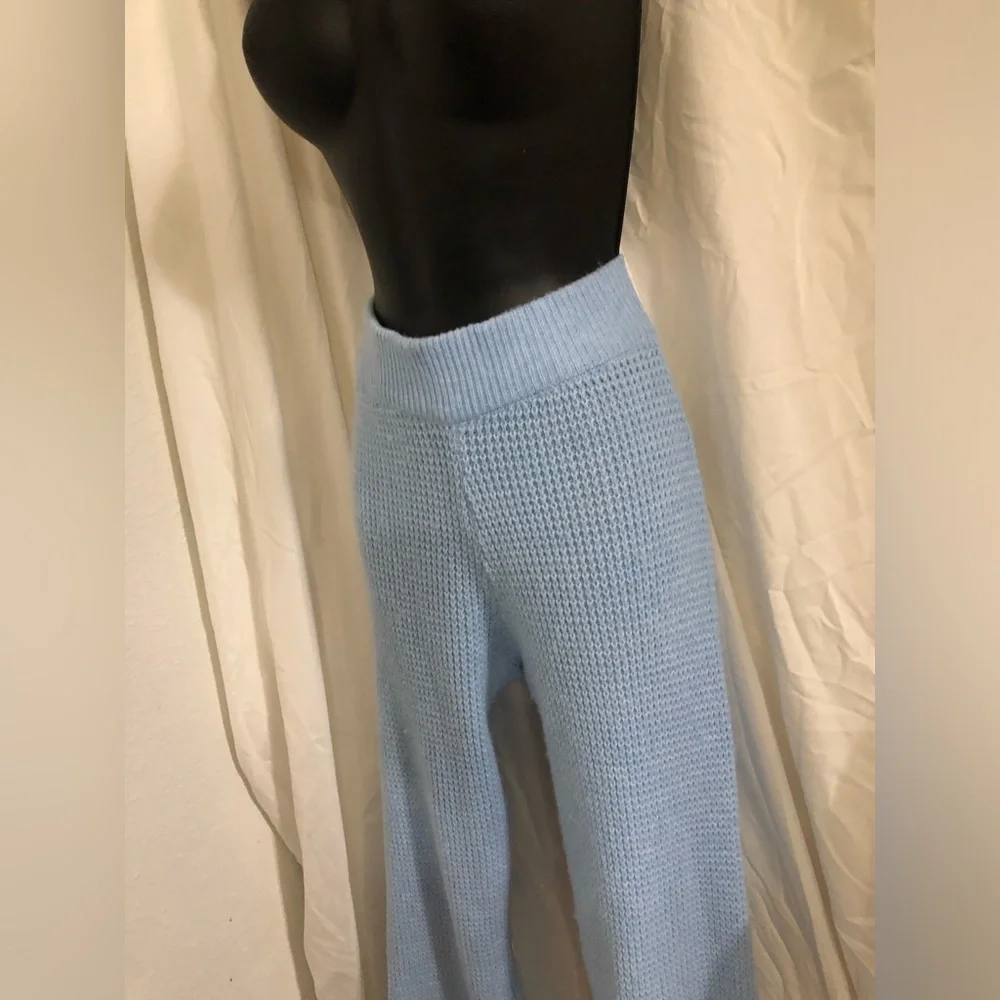 Blue crochet sweater knit style wide leg cozy loungewear pants size medium new‎